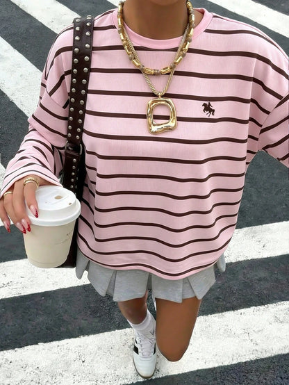 Muchica Plus Size Casual Minimalist Sports Streetwear Pink & Brown Striped Small Horse Logo Print T-Shirt, Music Festival Fall