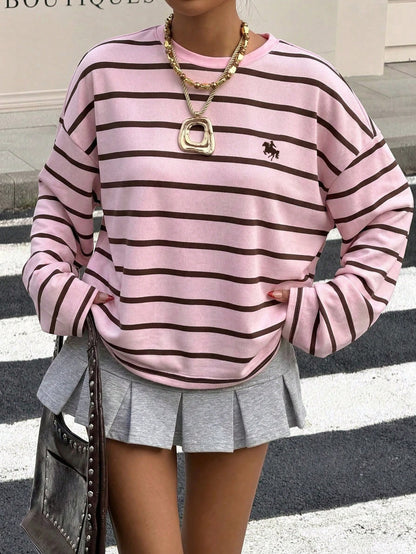 Muchica Plus Size Casual Minimalist Sports Streetwear Pink & Brown Striped Small Horse Logo Print T-Shirt, Music Festival Fall