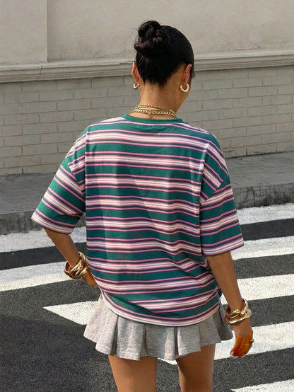 Muchica Plus Size Casual Streetwear Minimalist Round Neck Short Sleeve T-Shirt, Suitable For Summer Holiday Hot Pink