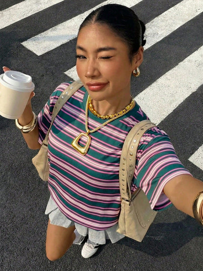 Muchica Plus Size Casual Streetwear Minimalist Round Neck Short Sleeve T-Shirt, Suitable For Summer Holiday Hot Pink