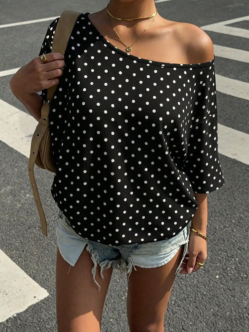 Muchica Plus Size Women Polka Dot Print Loose Shoulder T-Shirt Poka Dots Blouse Cow Casual Elegant Off Top For Formal Holiday Black And White Summer