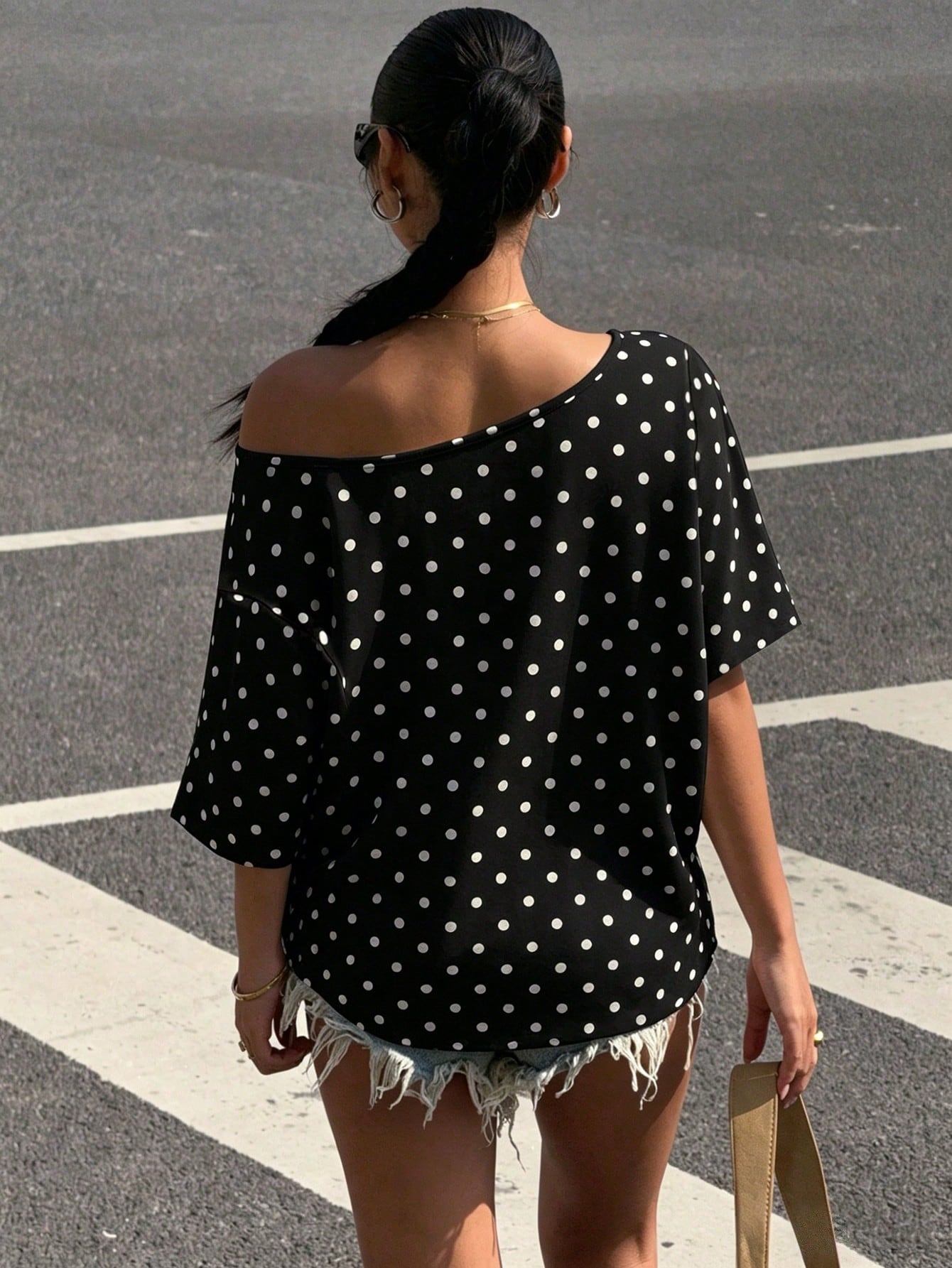 Muchica Plus Size Women Polka Dot Print Loose Shoulder T-Shirt Poka Dots Blouse Cow Casual Elegant Off Top For Formal Holiday Black And White Summer