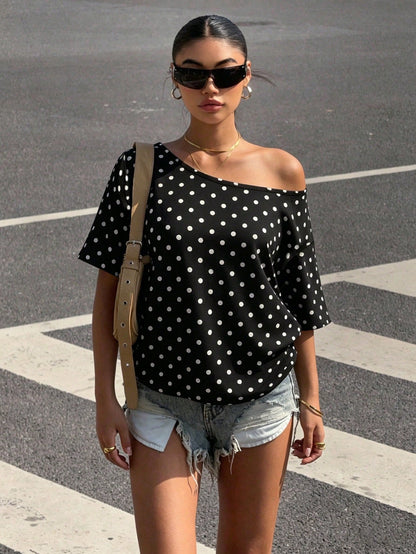 Muchica Plus Size Women Polka Dot Print Loose Shoulder T-Shirt Poka Dots Blouse Cow Casual Elegant Off Top For Formal Holiday Black And White Summer