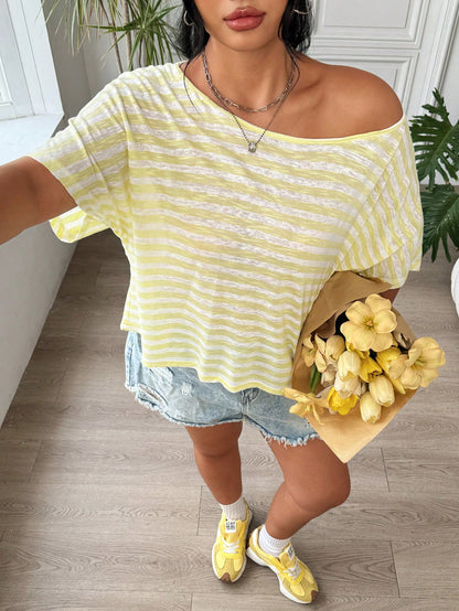 Muchica Plus Size Women Polka Dot Print Loose Shoulder T-Shirt Poka Dots Blouse Cow Casual Elegant Off Top For Formal Holiday Black And White Summer