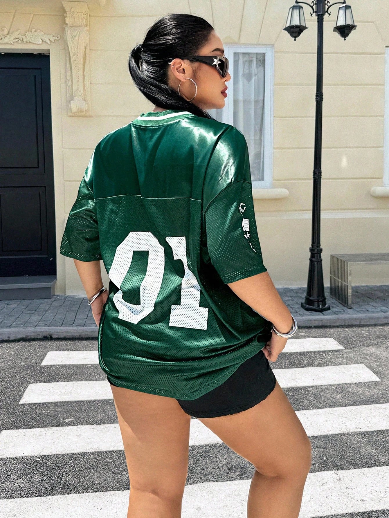 Muchica Plus Size Women's Dark Green Summer Oversized Everyday Sports Inspired Jersey T-Shirt,Lucky Number 01 & California Letter Print,V-Neck,Loose Fit