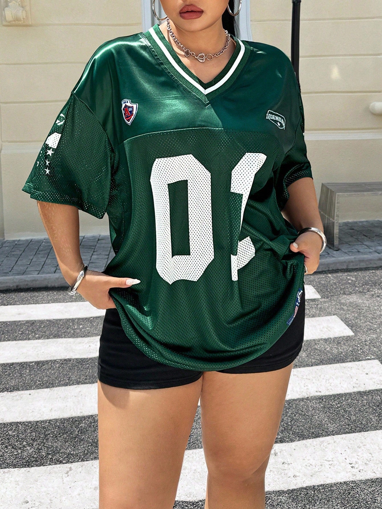 Muchica Plus Size Women's Dark Green Summer Oversized Everyday Sports Inspired Jersey T-Shirt,Lucky Number 01 & California Letter Print,V-Neck,Loose Fit