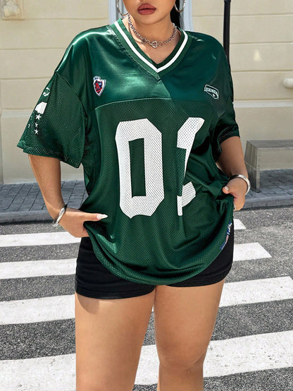 Muchica Plus Size Women's Dark Green Summer Oversized Everyday Sports Inspired Jersey T-Shirt,Lucky Number 01 & California Letter Print,V-Neck,Loose Fit