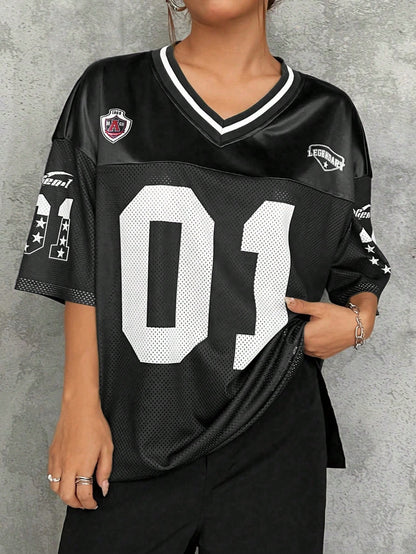 Muchica Plus Size Women's Dark Green Summer Oversized Everyday Sports Inspired Jersey T-Shirt,Lucky Number 01 & California Letter Print,V-Neck,Loose Fit