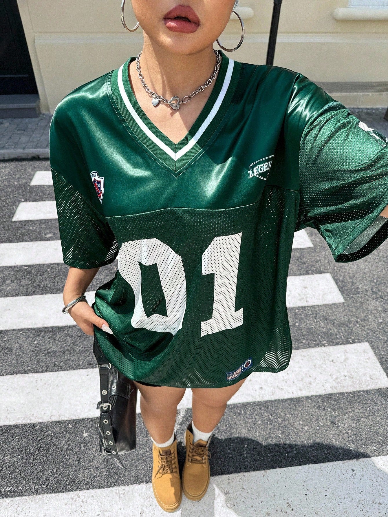 Muchica Plus Size Women's Dark Green Summer Oversized Everyday Sports Inspired Jersey T-Shirt,Lucky Number 01 & California Letter Print,V-Neck,Loose Fit