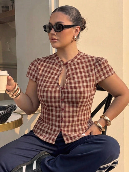 Muchica Plus Size Women's Plaid Pleated Casual Versatile Everyday Outing Shirt