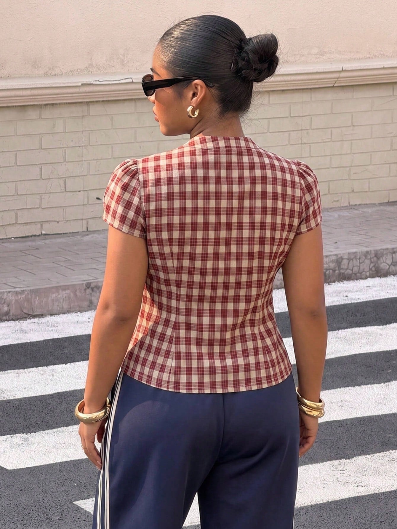 Muchica Plus Size Women's Plaid Pleated Casual Versatile Everyday Outing Shirt