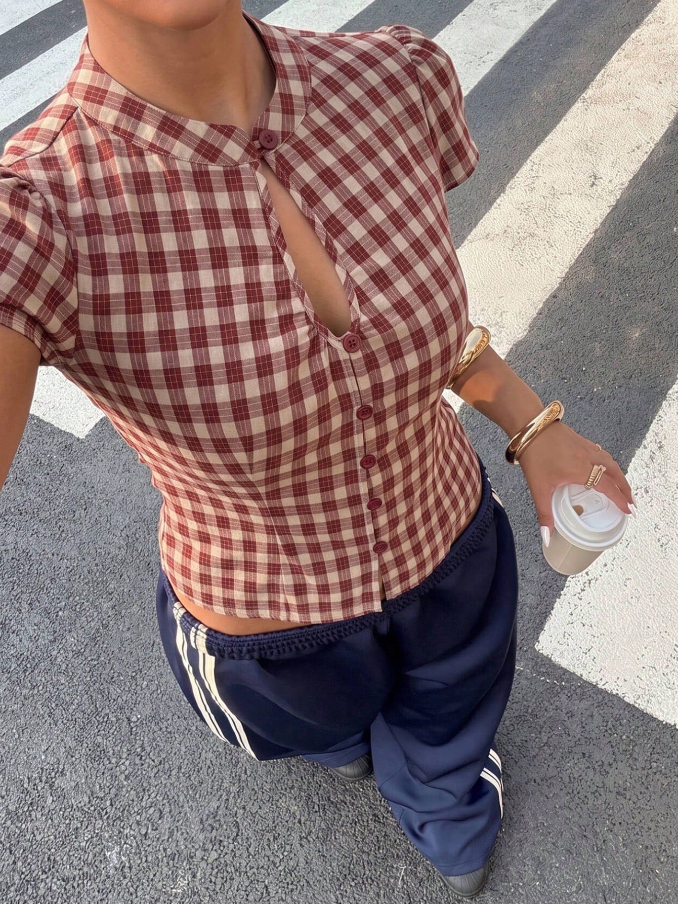 Muchica Plus Size Women's Plaid Pleated Casual Versatile Everyday Outing Shirt