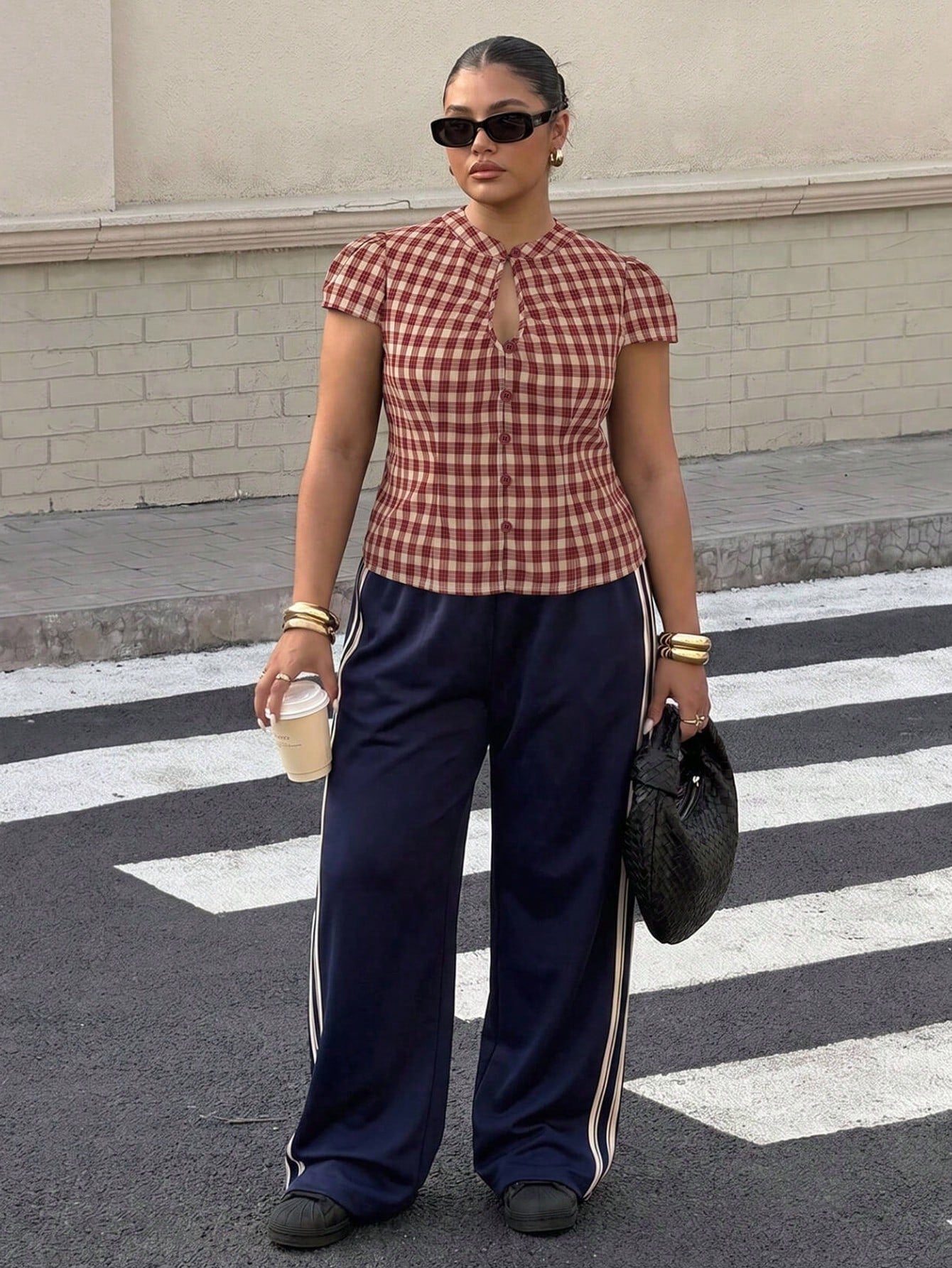 Muchica Plus Size Women's Plaid Pleated Casual Versatile Everyday Outing Shirt