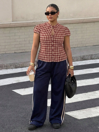 Muchica Plus Size Women's Plaid Pleated Casual Versatile Everyday Outing Shirt