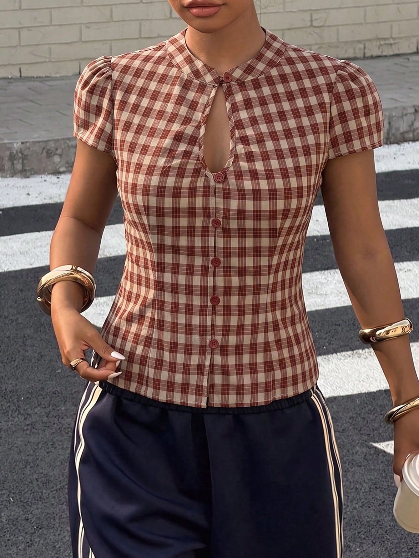 Muchica Plus Size Women's Plaid Pleated Casual Versatile Everyday Outing Shirt