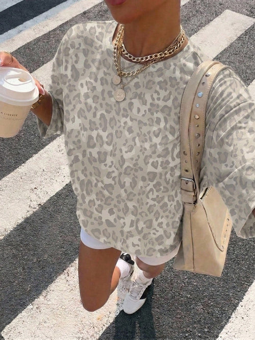 Muchica Street Style Personalized Grey Leopard Print Loose Fit Plus Size Casual Minimalist Crew Neck Short Sleeve T-Shirt For Summer