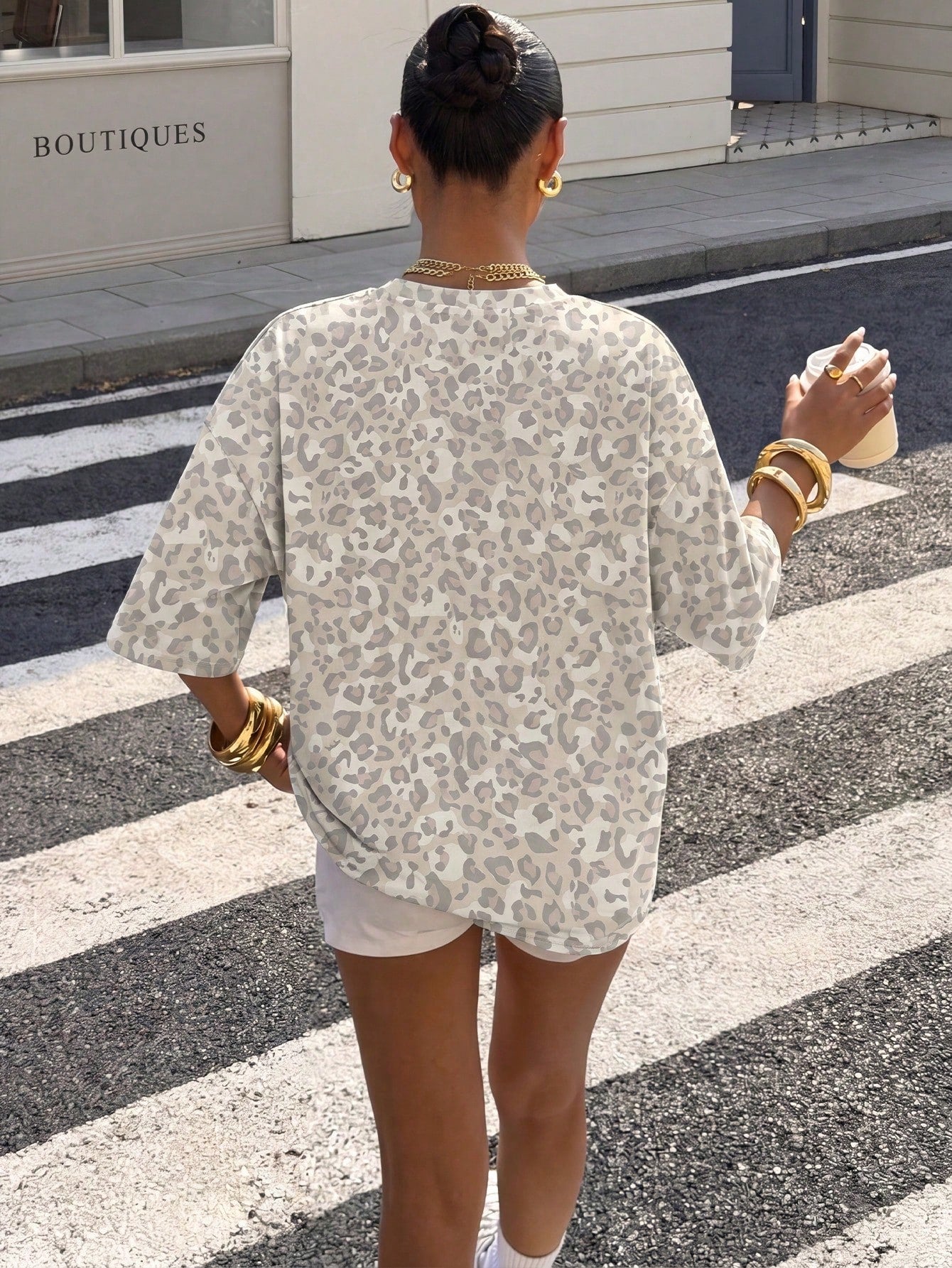Muchica Street Style Personalized Grey Leopard Print Loose Fit Plus Size Casual Minimalist Crew Neck Short Sleeve T-Shirt For Summer