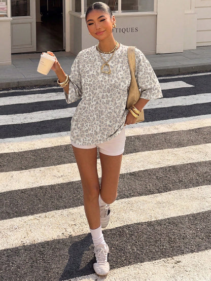 Muchica Street Style Personalized Grey Leopard Print Loose Fit Plus Size Casual Minimalist Crew Neck Short Sleeve T-Shirt For Summer