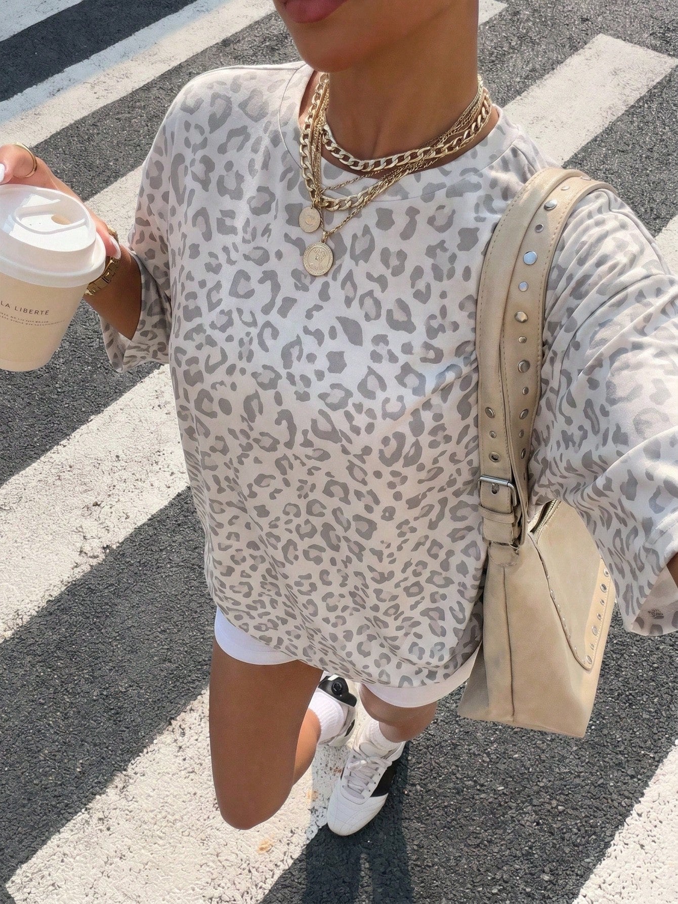 Muchica Street Style Personalized Grey Leopard Print Loose Fit Plus Size Casual Minimalist Crew Neck Short Sleeve T-Shirt For Summer