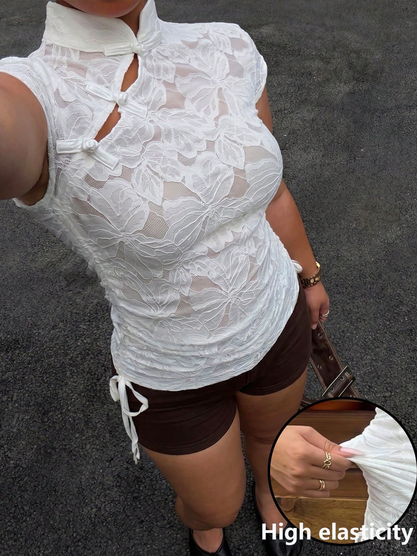Muchica White Casual Plus Size Women's Jacquard Frog Button Design Short Sleeve Top