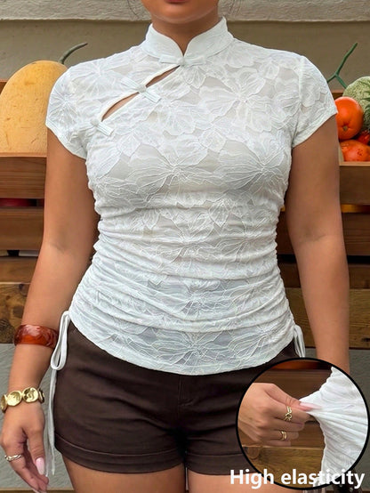 Muchica White Casual Plus Size Women's Jacquard Frog Button Design Short Sleeve Top