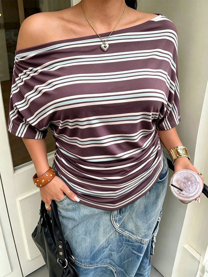 Muchica Women's Brown Striped Loose Asymmetric Open Shoulder Short Sleeve Ruched Plus Size T-Shirt