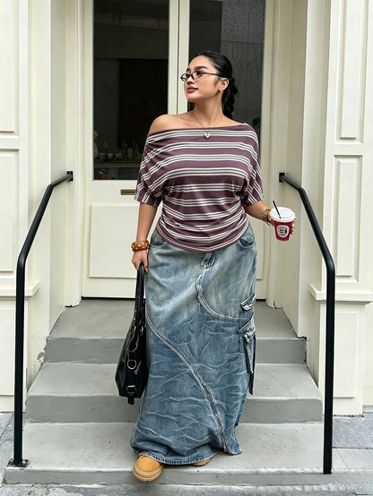 Muchica Women's Brown Striped Loose Asymmetric Open Shoulder Short Sleeve Ruched Plus Size T-Shirt