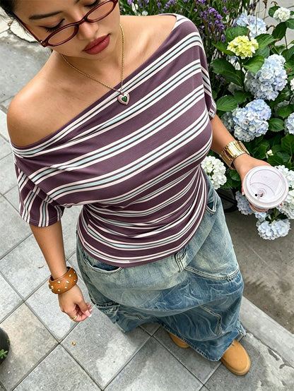 Muchica Women's Brown Striped Loose Asymmetric Open Shoulder Short Sleeve Ruched Plus Size T-Shirt