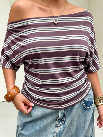 Muchica Women's Brown Striped Loose Asymmetric Open Shoulder Short Sleeve Ruched Plus Size T-Shirt