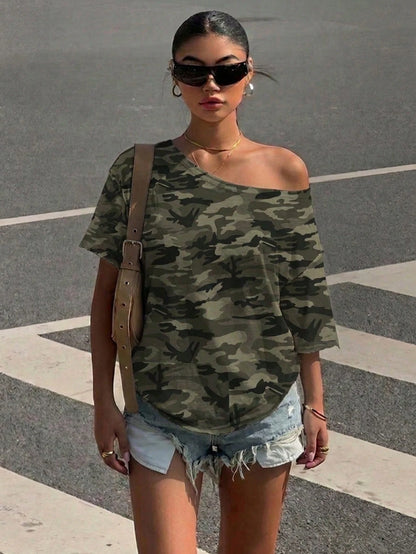 Muchica Women's Plus Size Asymmetrical Shoulder Casual Loose Camouflage T-Shirt