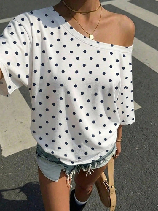 Muchica Women's Polka Dot Print Casual Minimalist Off-Shoulder Loose Short Sleeve T-Shirt Plus Size