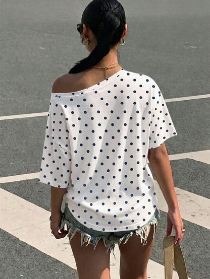 Muchica Women's Polka Dot Print Casual Minimalist Off-Shoulder Loose Short Sleeve T-Shirt Plus Size