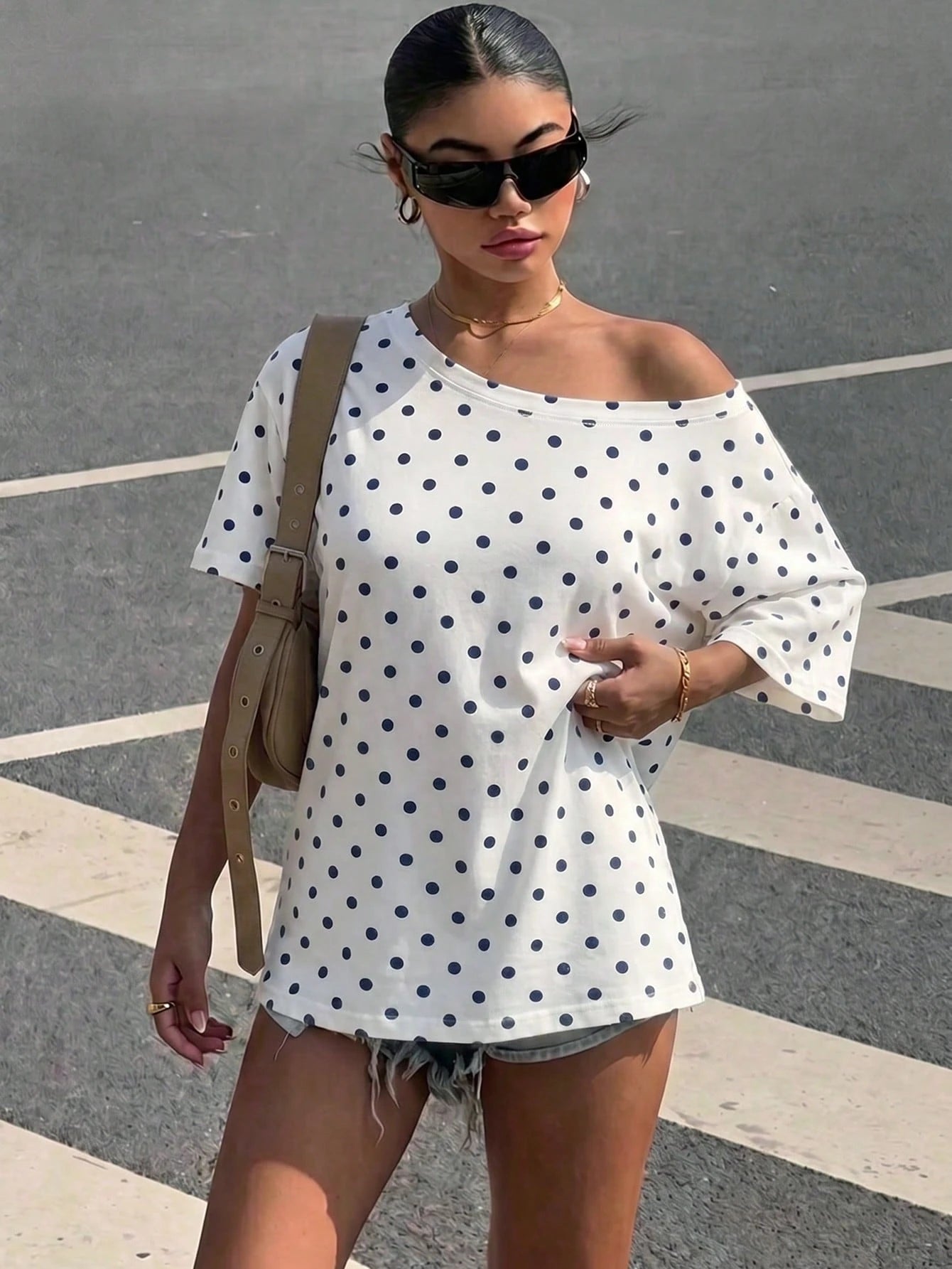 Muchica Women's Polka Dot Print Casual Minimalist Off-Shoulder Loose Short Sleeve T-Shirt Plus Size