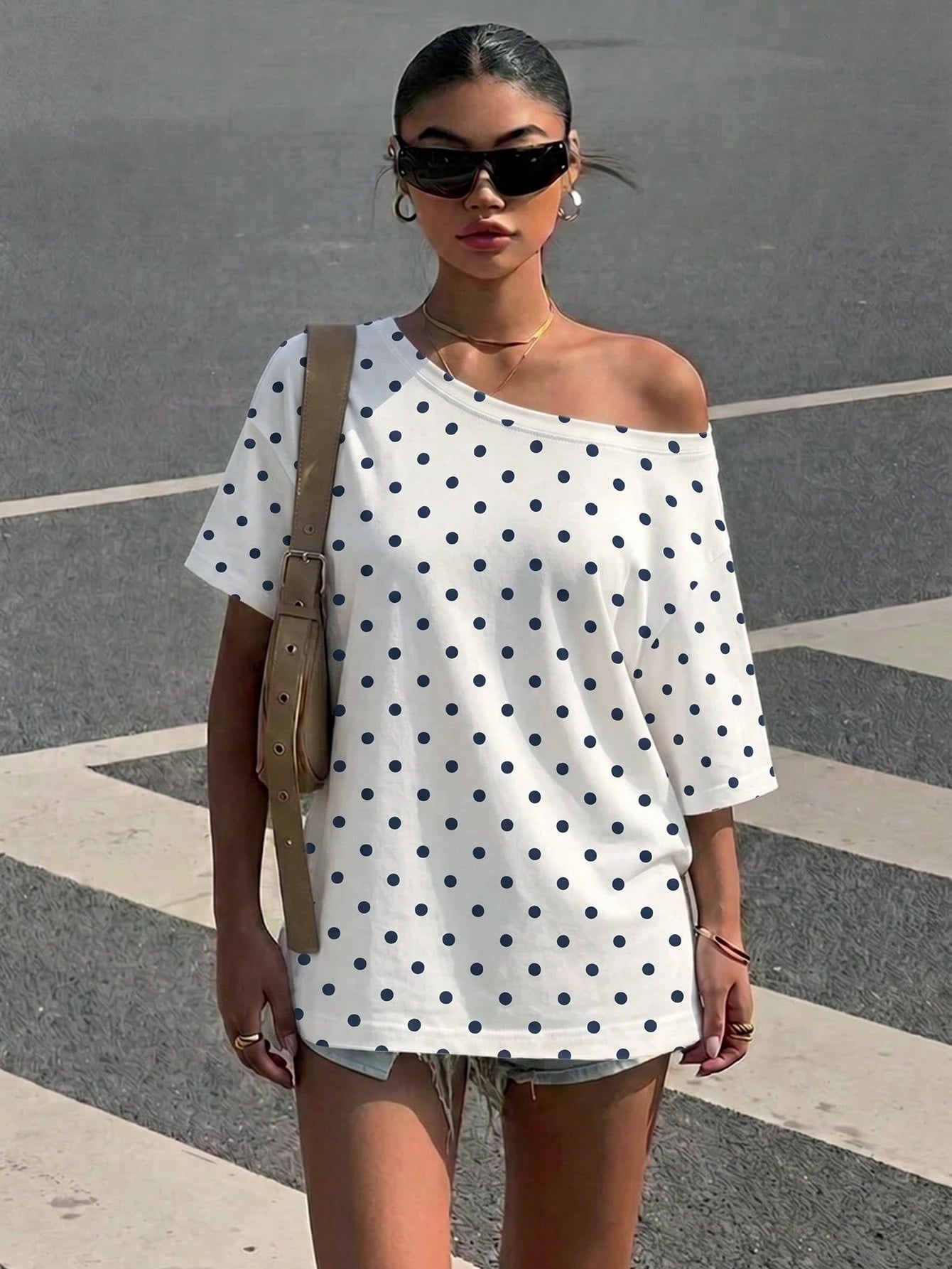 Muchica Women's Polka Dot Print Casual Minimalist Off-Shoulder Loose Short Sleeve T-Shirt Plus Size