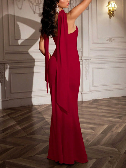 Multi Color Halter Sash Strapless Mermaid Maxi Gown, Solid Slim Side Slit Floor Length Dress For Gala Dinner, Prom Night & Wedding Guest Events
