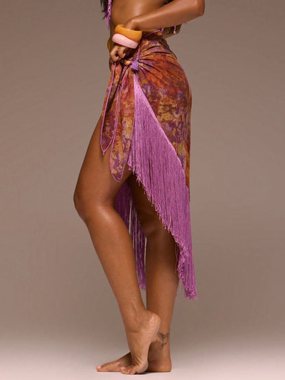 Musera Resort Chiffon Tie Side Fringe Sarong Beachwear Girly Spring Summer Vacation Night Out Cute Occassion Golden Sands