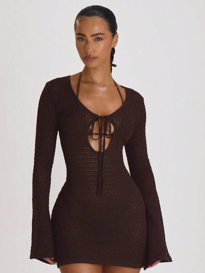 Musera Resort Crochet Knit Tie Front Loose Fit Cover Up Mini Dress Swim Vacation Summer Travel Beachwear Basics Solid Colour Resort Core Chocolate Brown Sexy