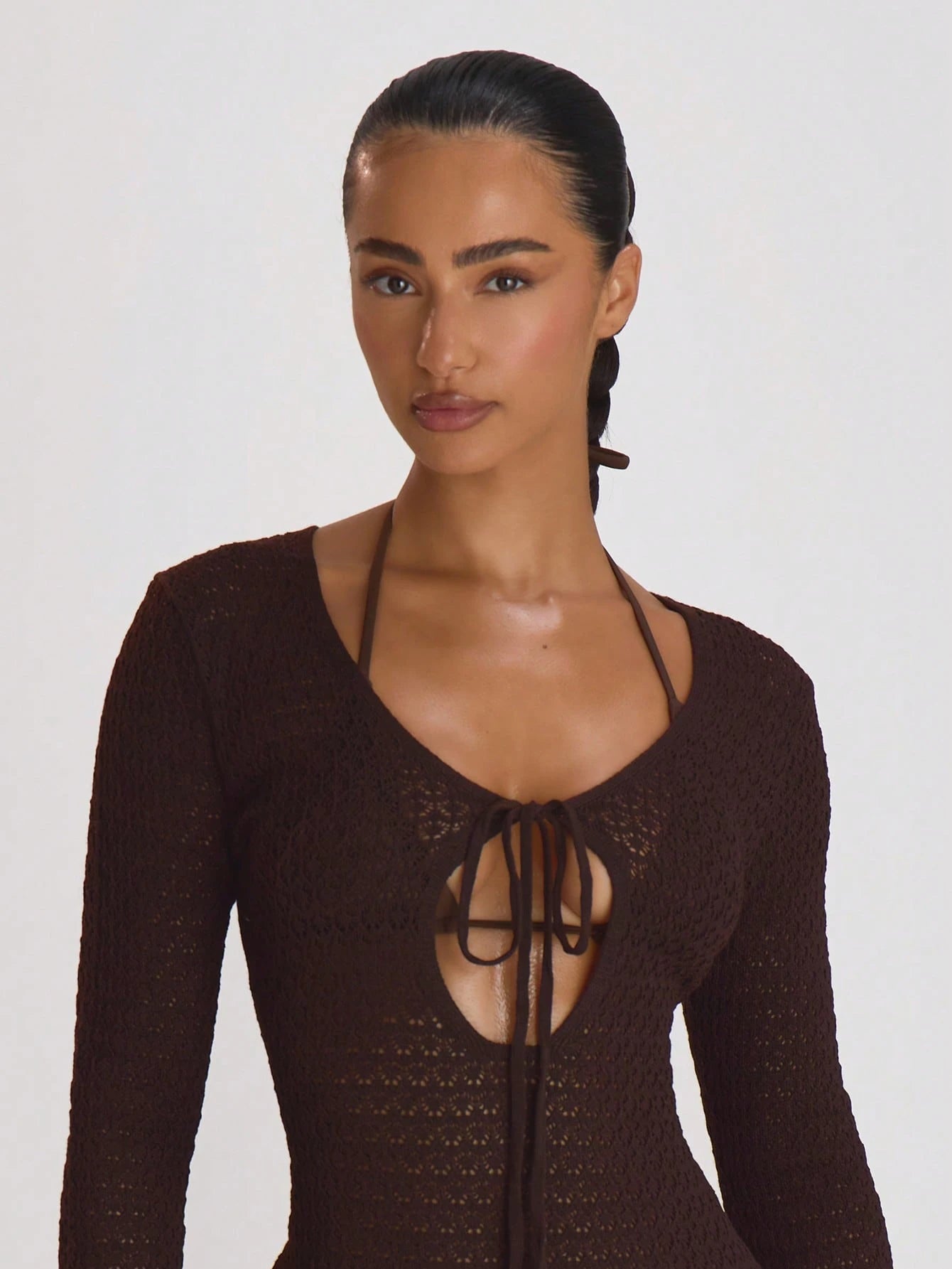 Musera Resort Crochet Knit Tie Front Loose Fit Cover Up Mini Dress Swim Vacation Summer Travel Beachwear Basics Solid Colour Resort Core Chocolate Brown Sexy
