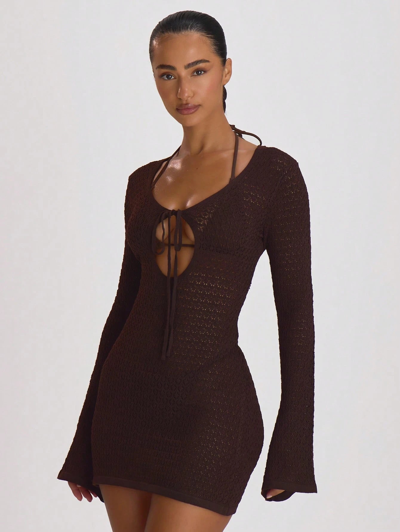 Musera Resort Crochet Knit Tie Front Loose Fit Cover Up Mini Dress Swim Vacation Summer Travel Beachwear Basics Solid Colour Resort Core Chocolate Brown Sexy