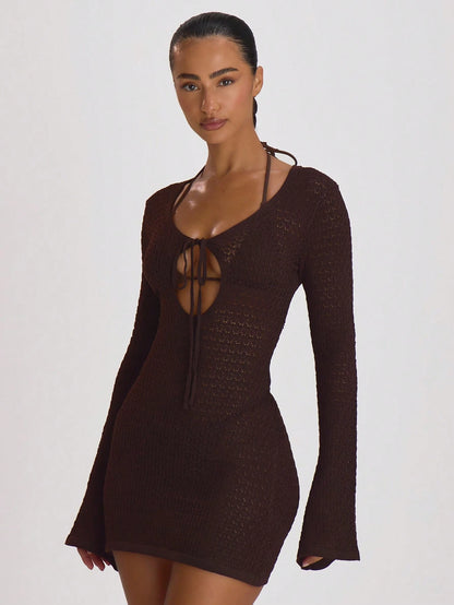 Musera Resort Crochet Knit Tie Front Loose Fit Cover Up Mini Dress Swim Vacation Summer Travel Beachwear Basics Solid Colour Resort Core Chocolate Brown Sexy