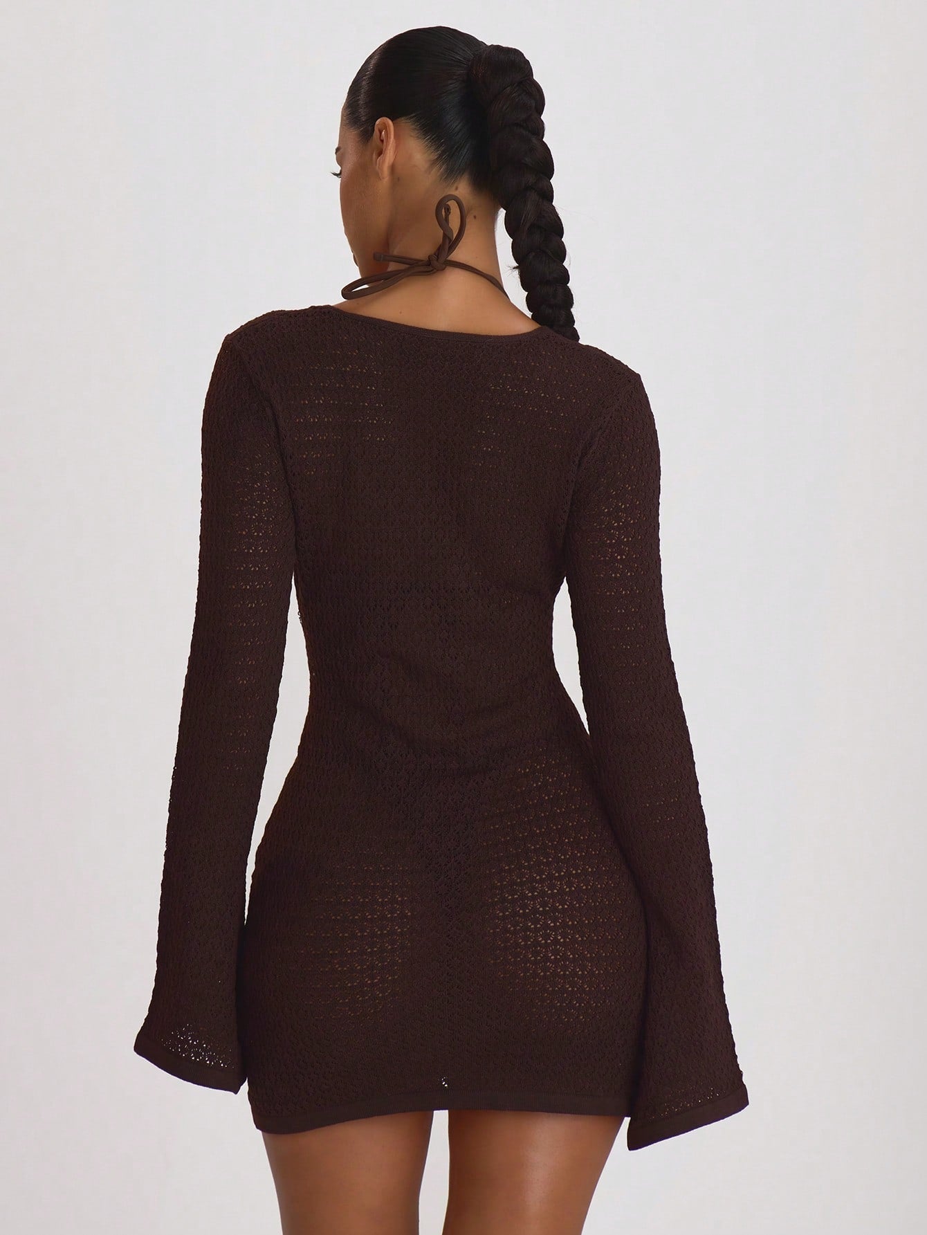 Musera Resort Crochet Knit Tie Front Loose Fit Cover Up Mini Dress Swim Vacation Summer Travel Beachwear Basics Solid Colour Resort Core Chocolate Brown Sexy