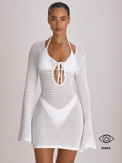 Musera Resort Crochet Knit Tie Front Loose Fit Cover Up Mini Dress Swim Vacation Summer Travel Beachwear Basics Solid Colour Resort Core Chocolate Brown Sexy