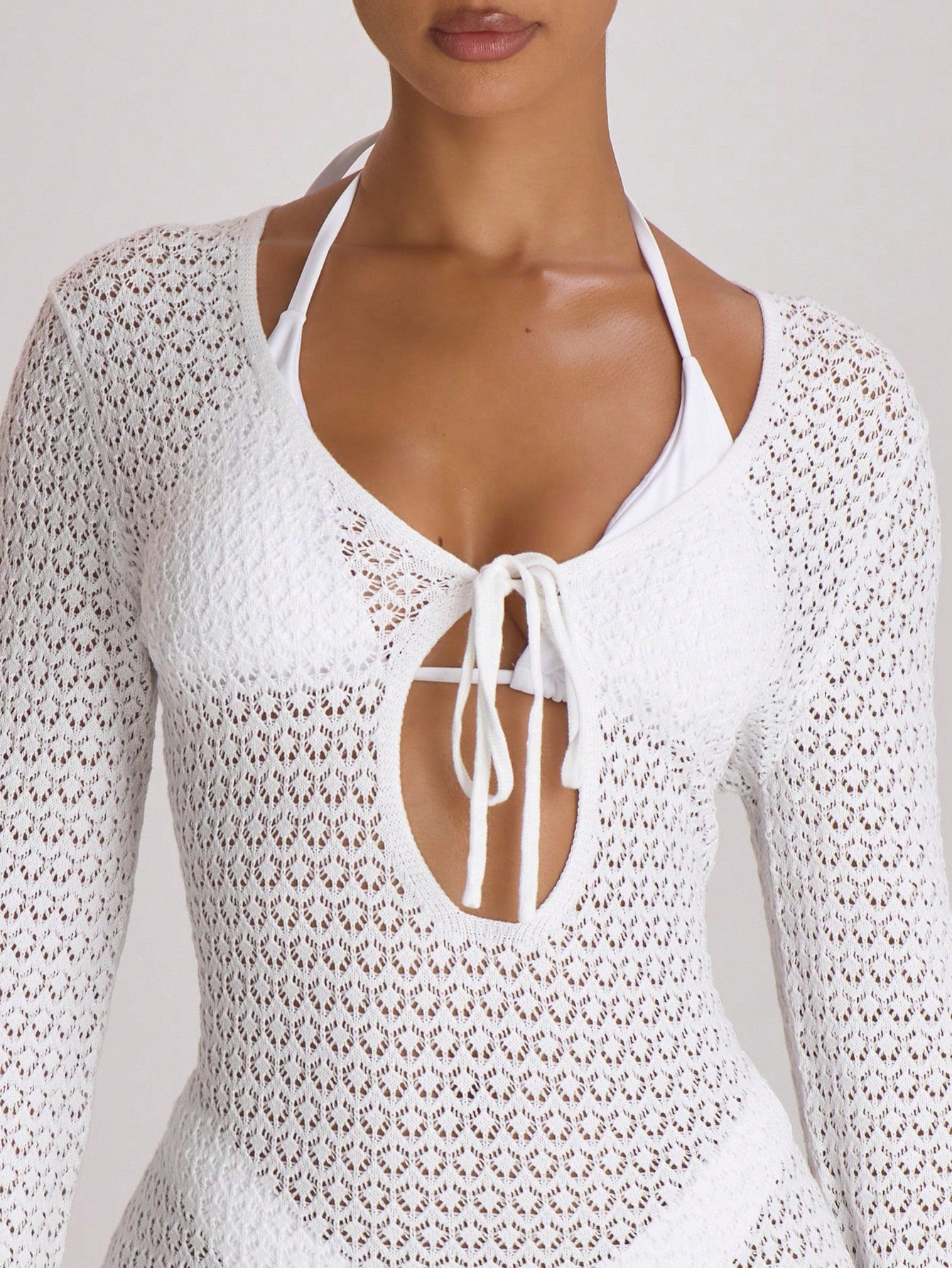 Musera Resort Crochet Knit Tie Front Loose Fit Cover Up Mini Dress Swim Vacation Summer Travel Beachwear Basics Solid Colour Resort Core Chocolate Brown Sexy