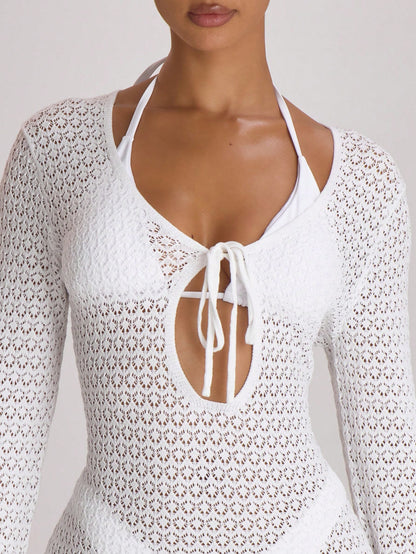 Musera Resort Crochet Knit Tie Front Loose Fit Cover Up Mini Dress Swim Vacation Summer Travel Beachwear Basics Solid Colour Resort Core Chocolate Brown Sexy