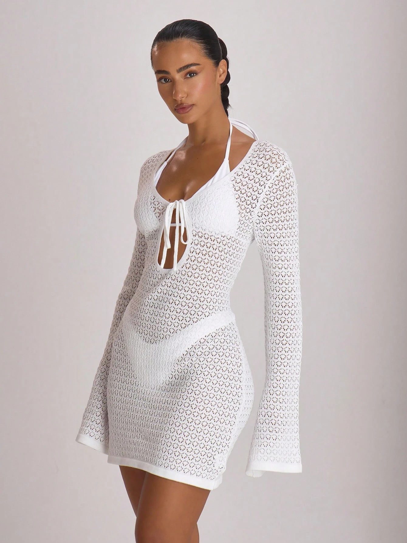 Musera Resort Crochet Knit Tie Front Loose Fit Cover Up Mini Dress Swim Vacation Summer Travel Beachwear Basics Solid Colour Resort Core Chocolate Brown Sexy