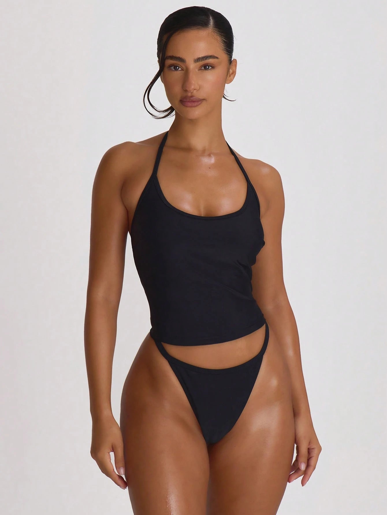 Musera Resort Halterneck Tie Scoop Neckline Tankini Swim Vacation Holiday Summer Travel Beachwear Basics Solid Colour Swimwear Resort Core