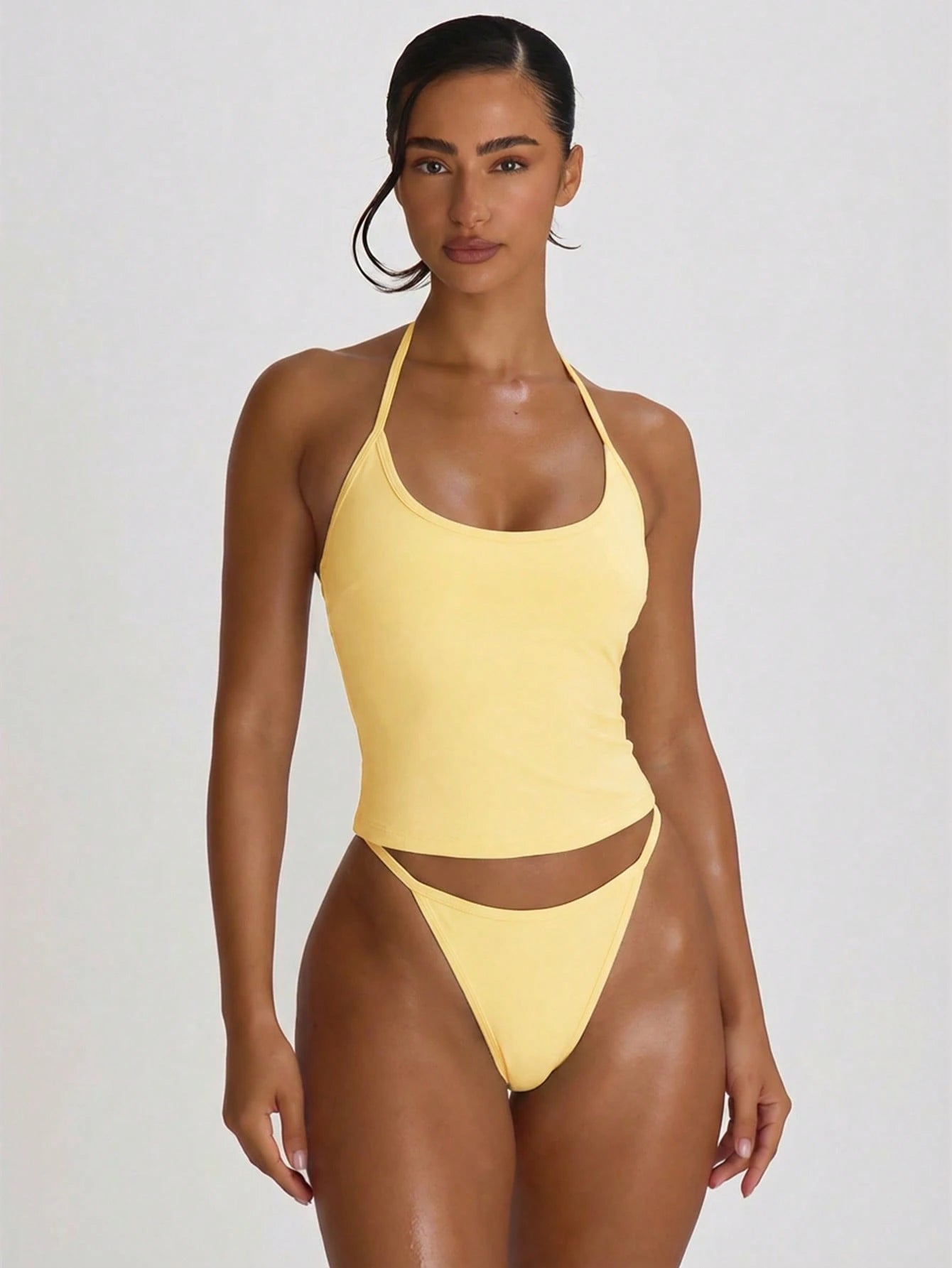 Musera Resort Halterneck Tie Scoop Neckline Tankini Swim Vacation Holiday Summer Travel Beachwear Basics Solid Colour Swimwear Resort Core