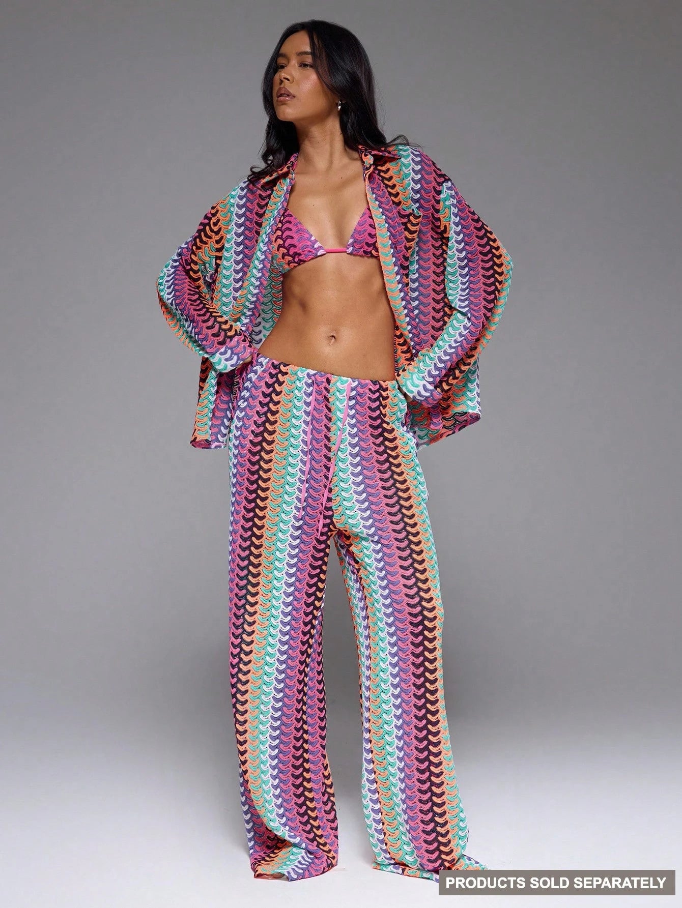 Musera Resort High Rise Tie Waist Patterned Cover Up Trousers Boho Ibiza Cute Sexy Vacation Summer Beach Swimwear Boho Holiday Stripe Fall Spring