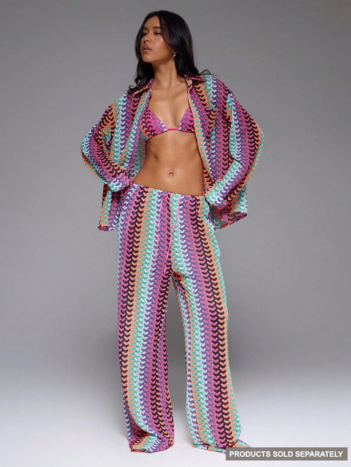 Musera Resort High Rise Tie Waist Patterned Cover Up Trousers Boho Ibiza Cute Sexy Vacation Summer Beach Swimwear Boho Holiday Stripe Fall Spring