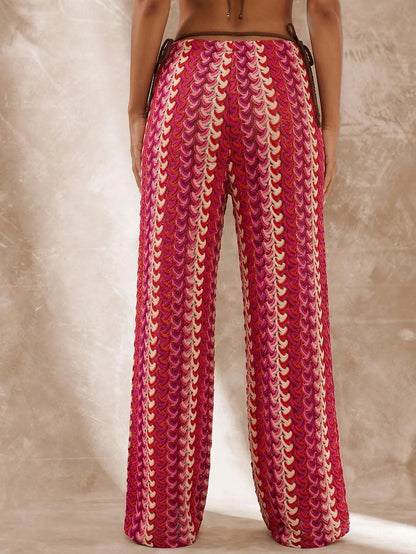 Musera Resort High Rise Tie Waist Patterned Cover Up Trousers Boho Ibiza Cute Sexy Vacation Summer Beach Swimwear Hot Skin Stripe Fall Spring Holiday Carnival Festival